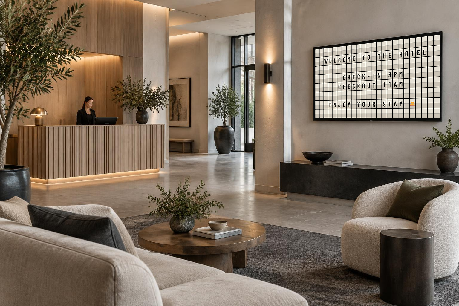 KarmaBoard light-theme 24 by 8 split-flap welcome board showing check-in and checkout times and a service bell emoji, fitted inside the bezel of a wall-mounted TV in a modern pale-oak boutique hotel lobby