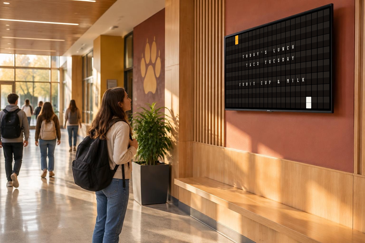 A student stops to read the daily lunch menu on a dark-theme KarmaBoard 24 by 8 split-flap display, precisely perspective-matched to the wall-mounted TV in a warm terracotta and wood school hallway with a tiger paw print