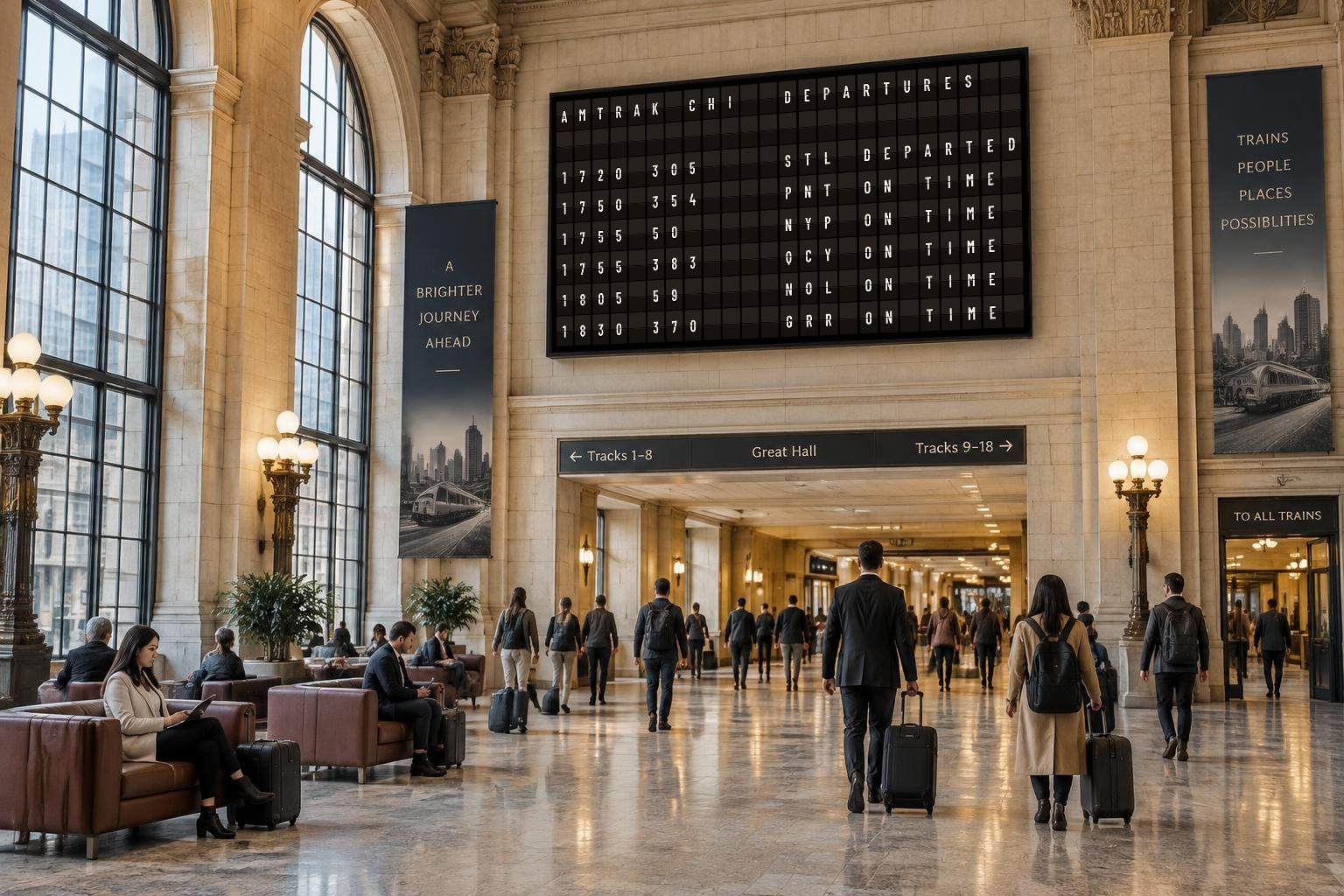 Actual CHI Amtrak departures on a full-screen KarmaBoard 24 by 8 split-flap display, perspective-matched to a large wall-mounted TV in a grand Chicago Union Station-inspired train hall