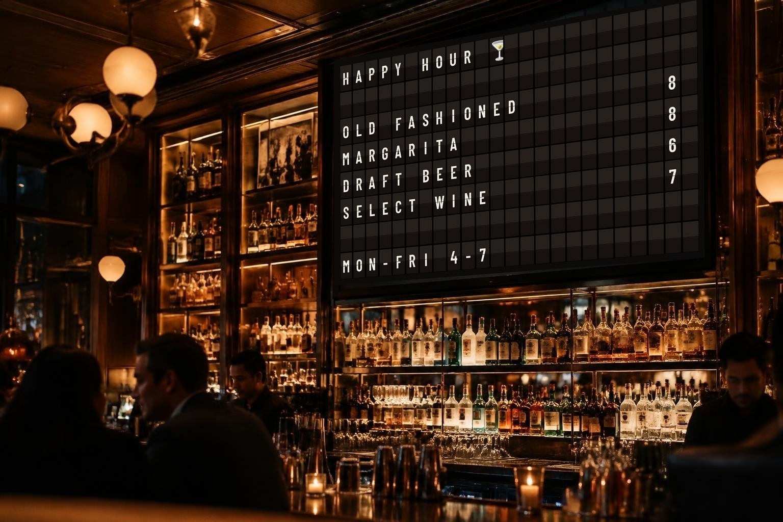 Vintage split-flap cocktail menu with happy hour specials on a KarmaBoard bar TV