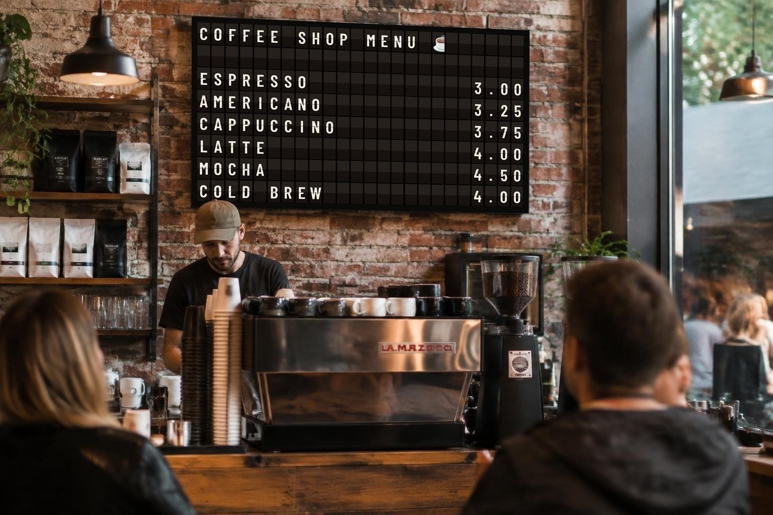 Vintage split-flap coffee shop menu board on a TV above the espresso bar, powered by KarmaBoard