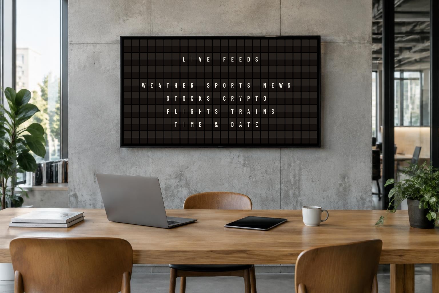 KarmaBoard split-flap board running full screen on a wall-mounted TV in a modern studio, showing a Live Feeds board listing weather, sports, news, stocks, crypto, flights, trains and time & date