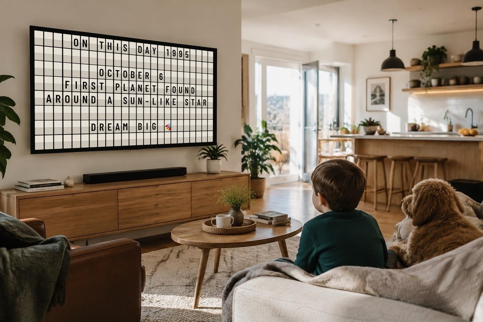 Light-theme KarmaBoard split-flap display on a living room TV showing an On This Day history message