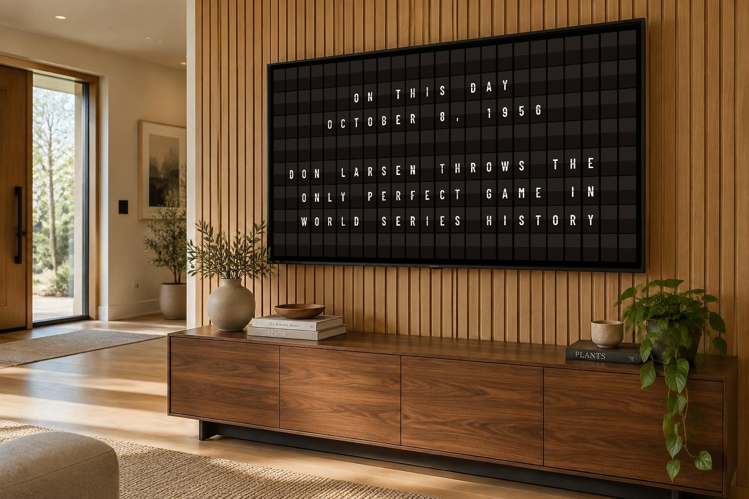 KarmaBoard Vestaboard alternative running full screen on a wall-mounted TV above a walnut console, showing a 24 by 8 split-flap board with an On This Day post: October 8, 1956 — Don Larsen throws the only perfect game in World Series history